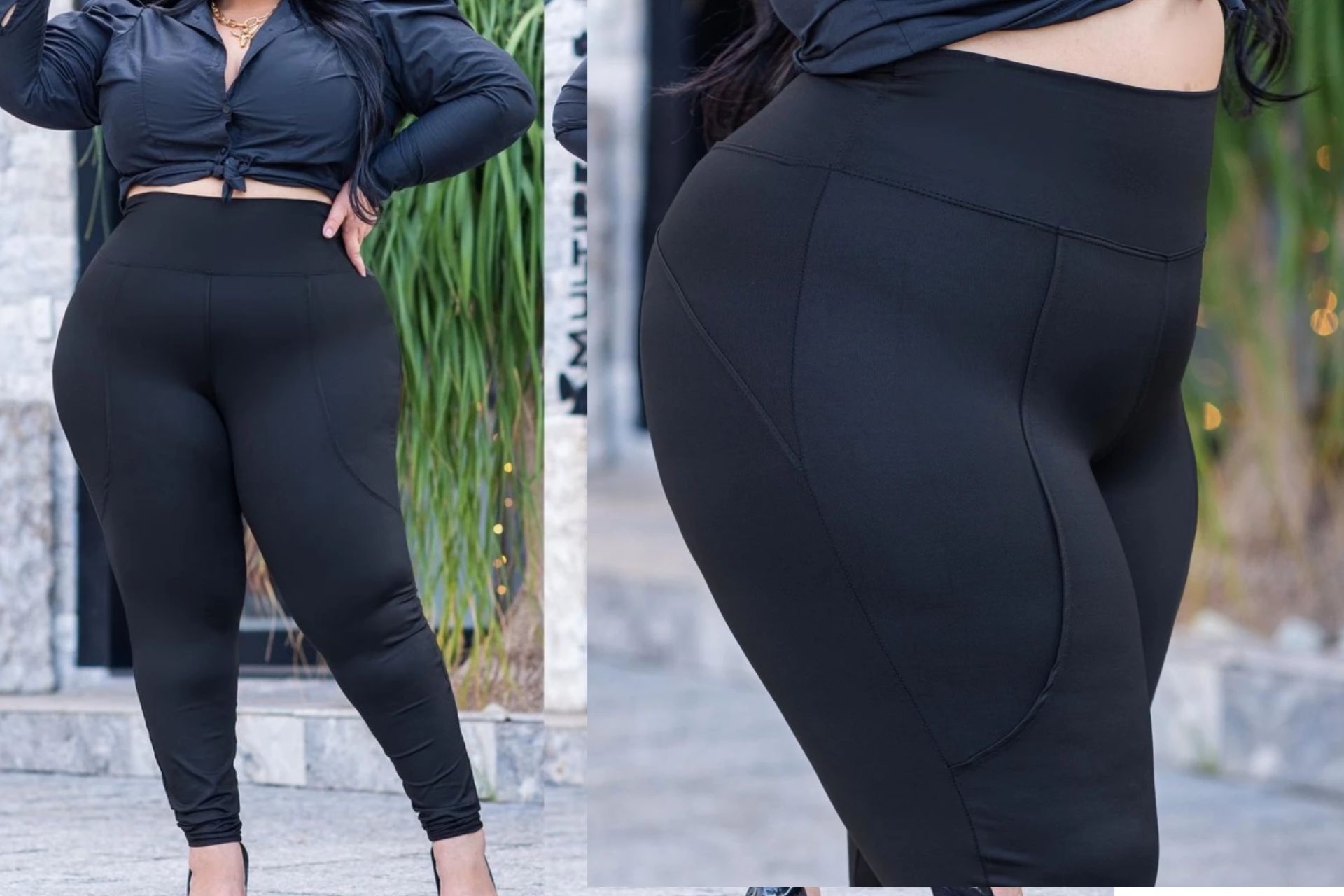 Close-up de costuras reforçadas, cintura elástica e tecido macio de legging plus size com setas indicando características de qualidade